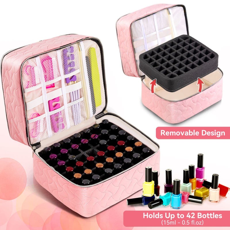 DreamGenius Nail Polish Organizer Case Holds 42 Bottles (15ml/0.5 fl.oz)  Double-Layer Nail polish storage with Adjustable Dividers  Portable Nail Polish Bag for Nail Gel Nail Lamp and Manicure Tools  Pink - Image 3